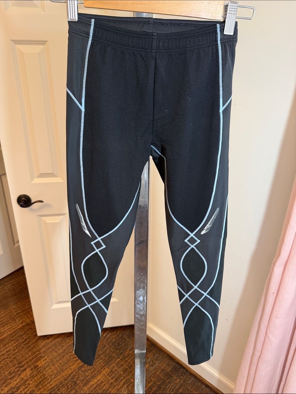 CW-X Black Athletic Leggings with Light Blue Trim